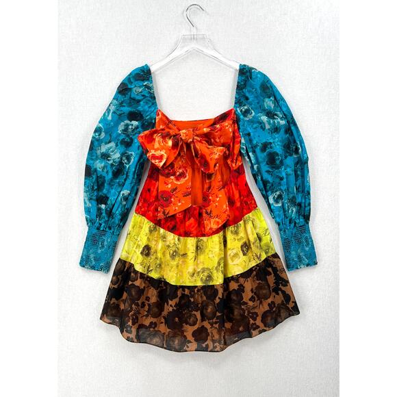 ALICE AND OLIVIA Rowen Tiered Babydoll Dress Womens XS Blue Red Floral Print - Picture 3 of 16